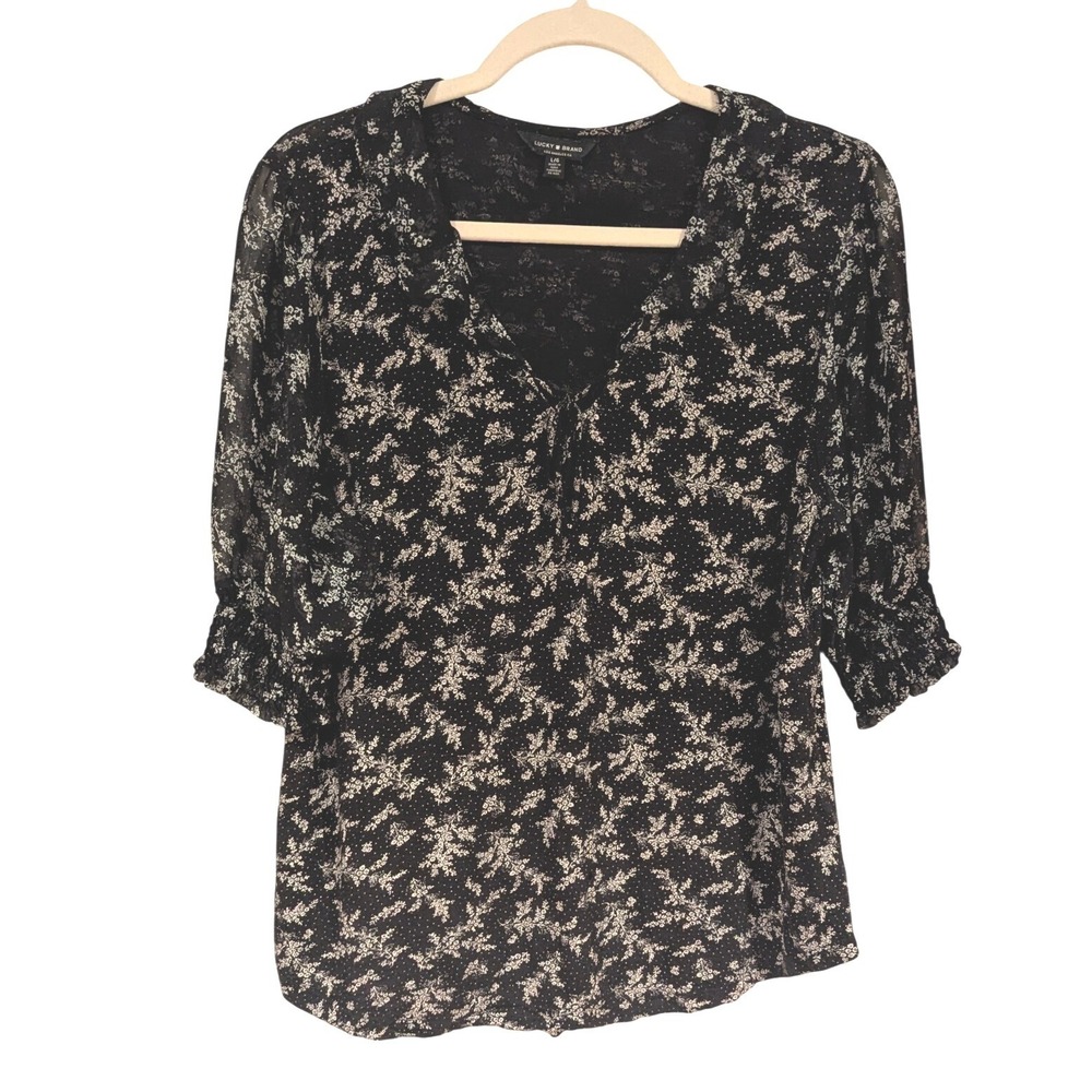 Lucky Brand Floral V-Neck Blouse Large Black White Tie Neck Smocked Cuff Boho